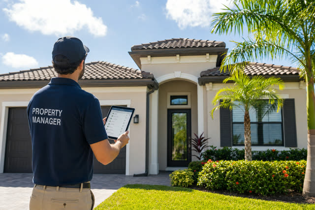 Property manager reviewing a home inspection checklist outside a Florida home