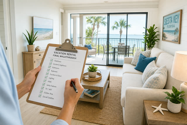 Final guest-ready walkthrough checklist in a rental living room
