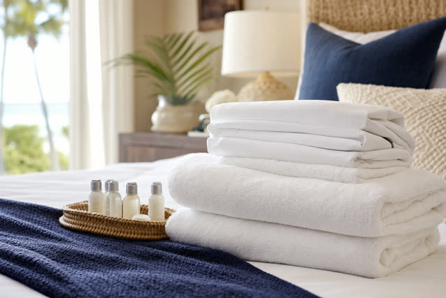 Stack of fresh folded linens and towels with guest amenities