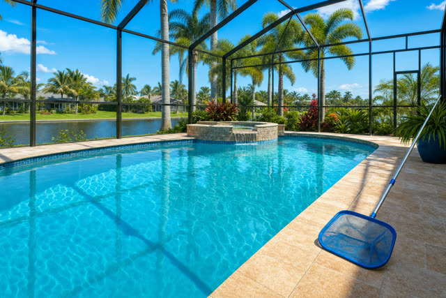 Sparkling clean pool with a skimmer net on the deck