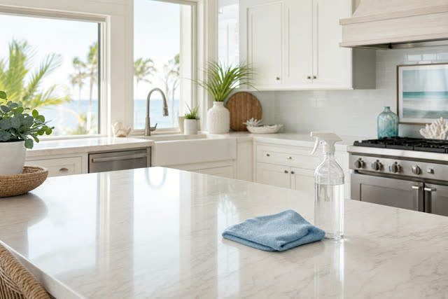 Bright, spotless kitchen counter with cleaning supplies