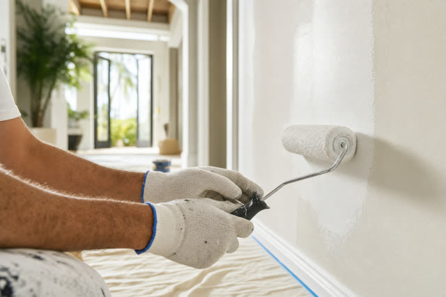 Fresh coat of paint being rolled onto an interior wall