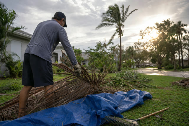 Clearing storm debris from a yard after a storm