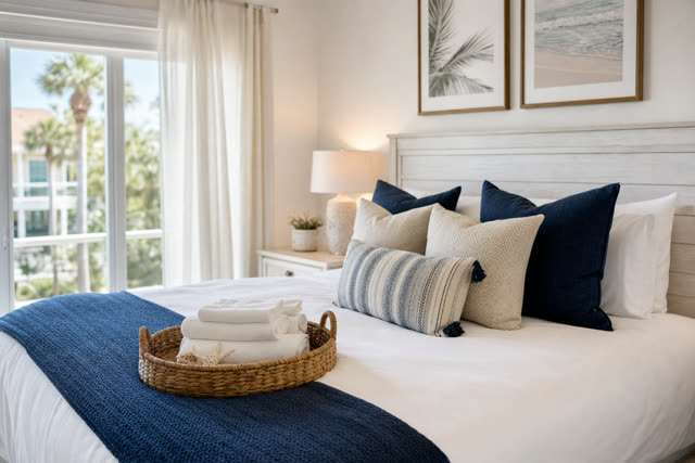 Freshly made bed with folded towels, staged for a guest turnover