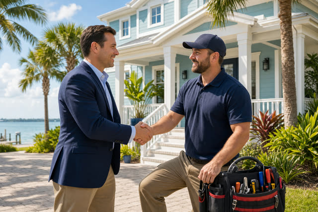 Property manager greeting a repair technician outside a home